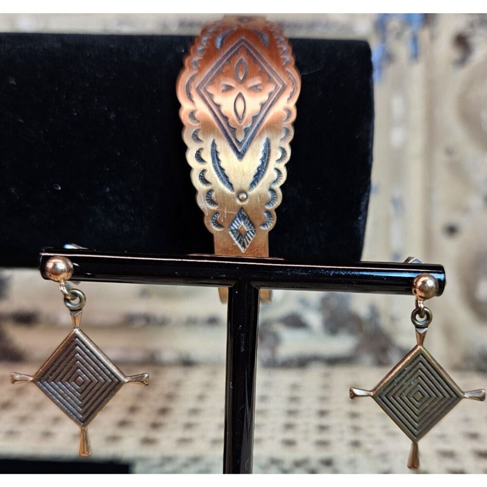 Southwestern Native Stamped Copper Cuff Bracelet & God's Eye Earrings